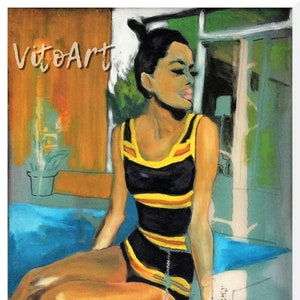 May include: A painting of a woman wearing a black and yellow striped swimsuit sitting on a white surface with a blue background. The woman has dark hair pulled back in a bun and is looking to the right. The painting is titled "VitoArt".