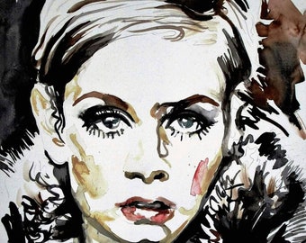 Twiggy Fashion Model Art Print Vogue Portrait Watercolor Illustration Poster Wall Decor Limited Edition Poster Print