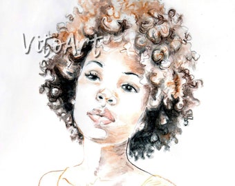 African American Woman Natural Hair Curls Afrocentric Wall Decor Watercolor Limited Edition Poster Print