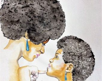 African American Mother And Child Afro Natural Hair Afrocentric Art Canvas Ready To Hang Watercolor Limited Edition Print