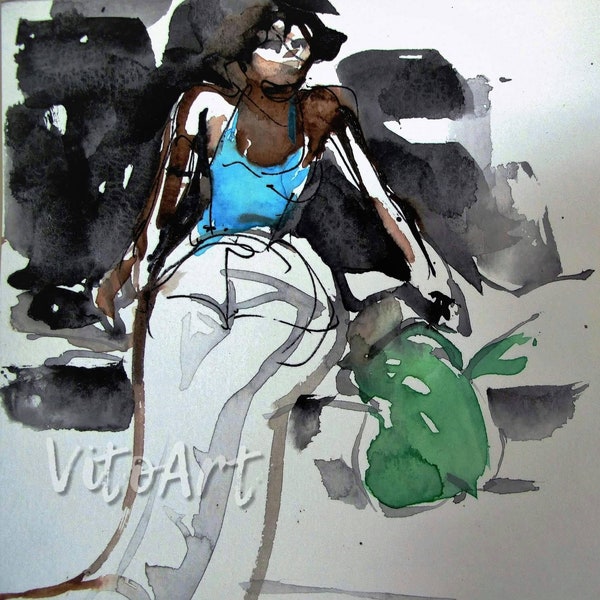 African American Woman Portrait Print Blue Tank Top Reclining Watercolor Limited Edition Poster Print