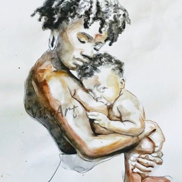 African American Woman Breastfeeding Nursing Motherhood Portrait Afrocentric Wall Art