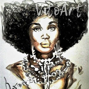 African American Woman Afro Jewelry Beauty Adorned Natural Hair Art Print Watercolor Portrait Wall Decor Limited Edition Poster Print