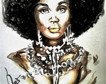 African American Woman Watercolor Print: Natural Hair Afro Jewelry (Digital Download)