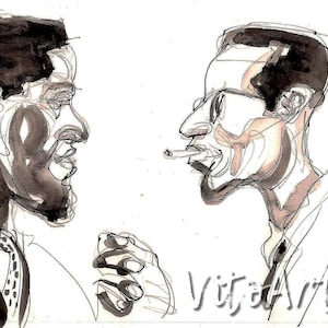 May include: Black and white line drawing of two men, one with a cigarette in his mouth, looking at each other. The drawing is done in a sketchy style.
