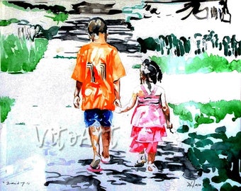 Brother and Sister Sibling Art Print Holding Hands Watercolor Love Portrait Limited Edition Poster Print Wall Decor