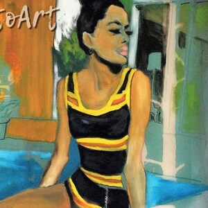 May include: A woman in a black and yellow striped swimsuit sits by a pool. She has dark hair pulled back in a bun and is looking off to the side.