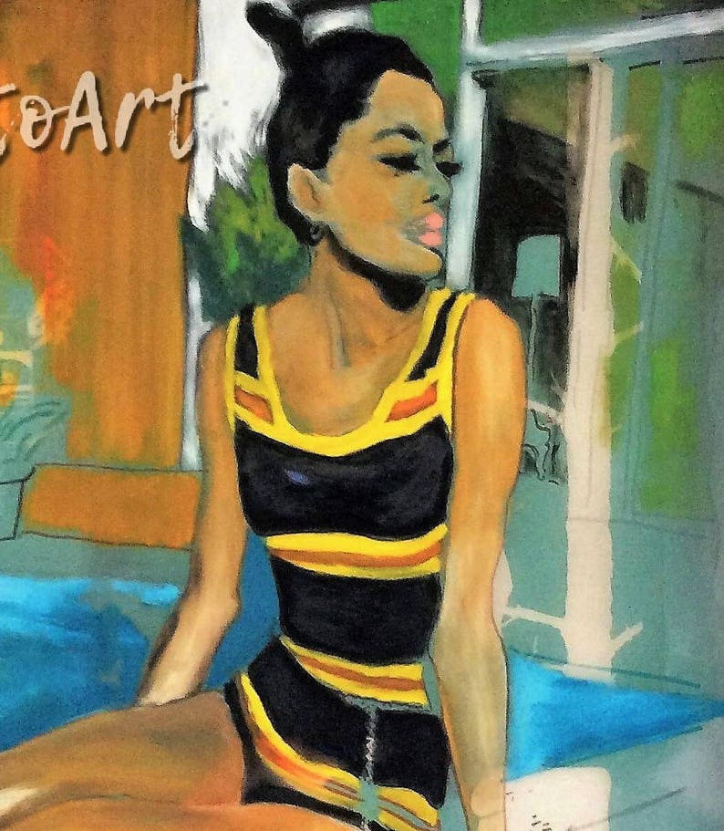 May include: A woman in a black and yellow striped swimsuit sits by a pool. She has dark hair pulled back in a bun and is looking off to the side.