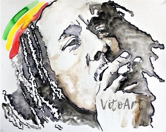 Bob Marley Art Print Portrait Reggae Jamaica Rasta Dreadlocks Ink Watercolor Illustration Wall Decor Limited Edition Poster Print