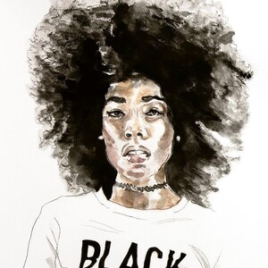 African American Woman Art Print Black Beauty Afro Natural Hair Ink ...
