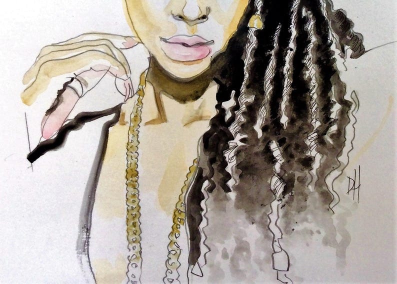 African American Art Print Woman Twists Locs Natural Hair Afrocentric Beauty Watercolor Portrait Wall Decor Limited Edition Print