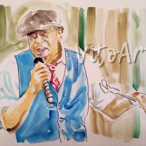 Al Jarreau Jazz Singer Portrait Art Print Blue Vest Tie Messenger Cap Watercolor Limited Edition Poster Print Wall Decor