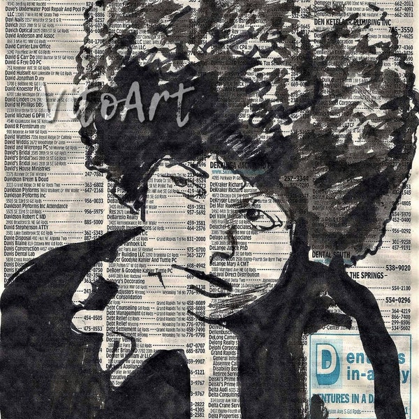 Angela Davis Art Print Afrocentric Afro Black Panther Party Revolutionary Feminist Author Telephone Directory Page Poster