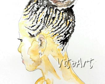 African American Woman Natural Hair Portrait Afrocentic Braids Watercolor Art Wall Decor Limited Edition Print