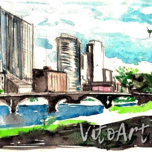 Grand Rapids Michigan Skyline Landscape Art Print West Michigan Watercolor Ink Illustration Limited Edition Poster Print