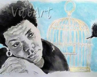 Maya Angelou Portrait Art Print Poet Watercolor Caged Bird Illustration Limited Edition Poster Print Wall Decor
