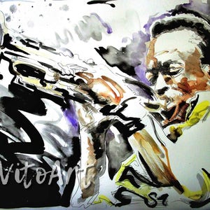 Miles Davis Jazz Portrait Art Print Trumpet Yellow Purple Watercolor Ink Limited Edition Poster Print Wall Art