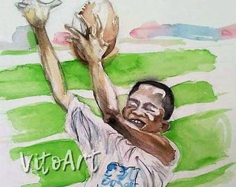 Impresión artística en acuarela de un niño afroamericano jugando al fútbol (descarga digital)