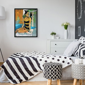 May include: A painting of a woman in a black and yellow swimsuit sitting by a pool. The woman is looking to the side and has her hair pulled back. The painting is done in a realistic style.