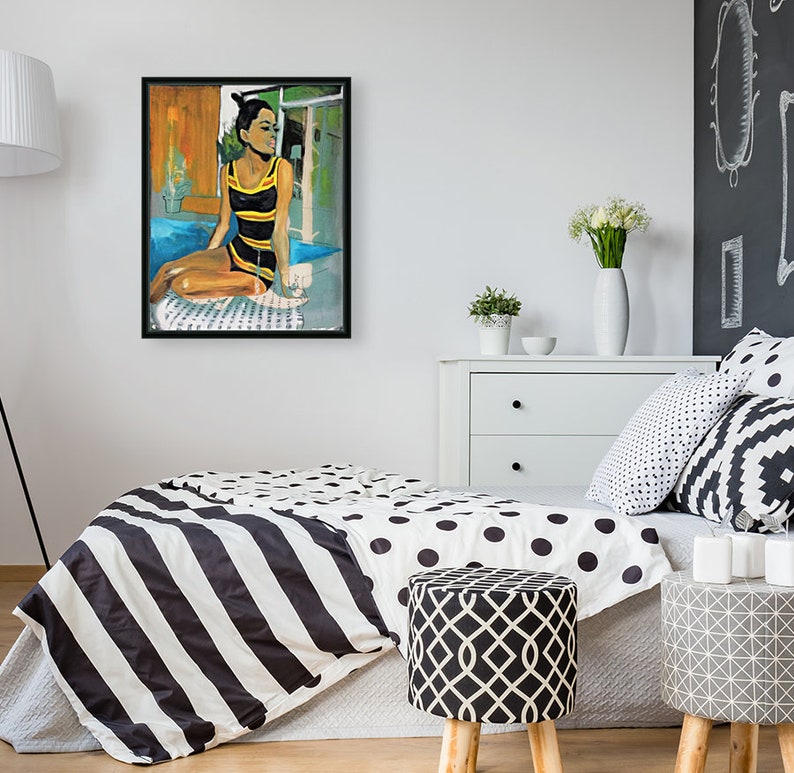 May include: A painting of a woman in a black and yellow swimsuit sitting by a pool. The woman is looking to the side and has her hair pulled back. The painting is done in a realistic style.