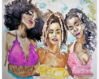 African American Women Sisters Art Print Unity Friends Love Afrocentrric Natural Hair Watercolor Limited Edition Poster Print Wall Decor