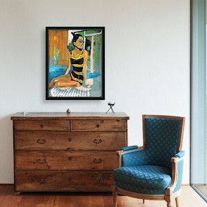 May include: A painting of a woman in a yellow and black swimsuit sitting by a pool. The woman is looking to the right and has dark hair. The painting is done in a realistic style.