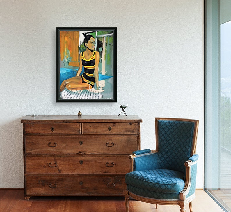 May include: A painting of a woman in a yellow and black swimsuit sitting by a pool. The woman is looking to the right and has dark hair. The painting is done in a realistic style.