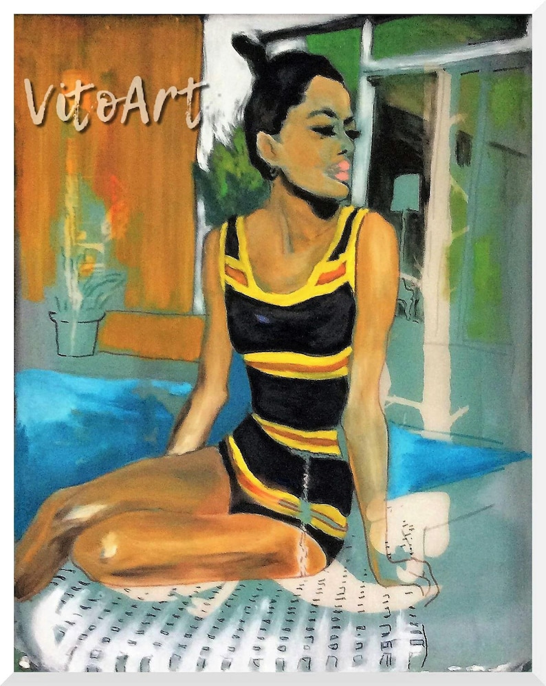 May include: A painting of a woman wearing a black and yellow striped swimsuit sitting on a white surface with a blue background. The woman has dark hair pulled back in a bun and is looking to the right. The painting is titled "VitoArt".