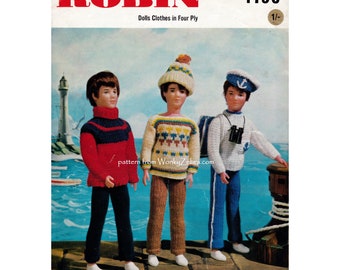 boy doll sweater hat jeans pattern 12 inch 30cm Teen or Man Dolls Clothes Vintage Toy Knitting Pattern PDF T1038 from WonkyZebra
