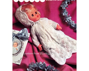 Vintage Baby Doll Clothes 14 Inch Dolls Long and Short Christening Dress Jacket and Bonnet Knit Pattern PDF T1016 from WonkyZebra