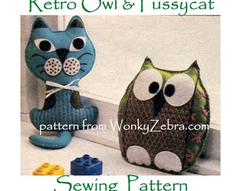 Vintage Toy OWL Cushion Sewn Sewing Pattern PDF 589 from ToyPatternLand and WonkyZebra