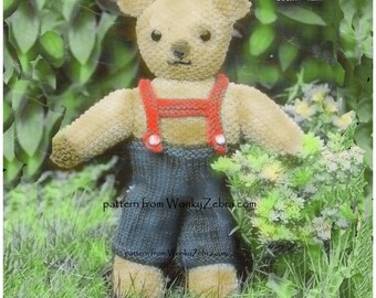 Vintage Teddy Bear toy Knitting Pattern  bear in dungarees PDF 578 from WonkyZebra and ToyPatternLand