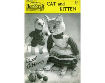 Vintage Knitted Cat and Kitten Pattern PDF 443 from ToyPatternLand and WonkyZebra