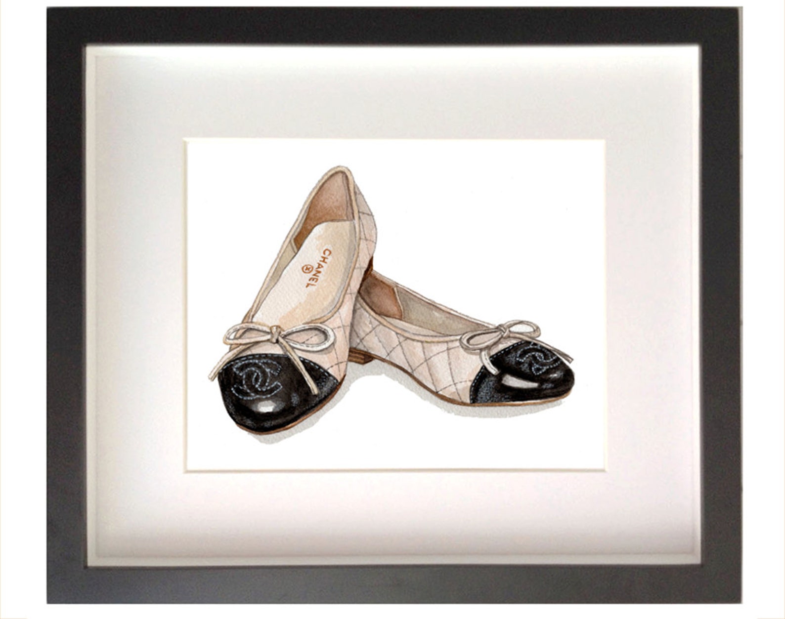 artwork / art print of chanel ballet flats, iconic pair of chanel designer shoe print (not real shoes)