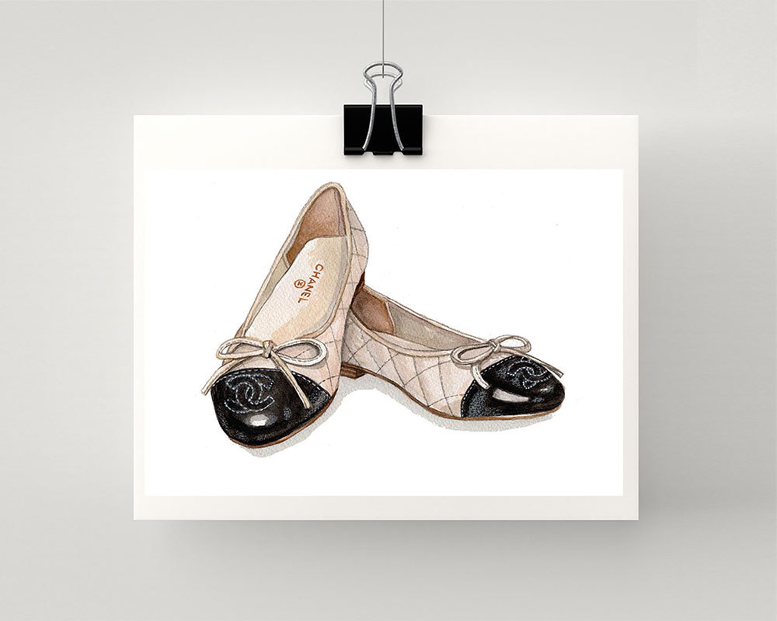artwork / art print of chanel ballet flats, iconic pair of chanel designer shoe print (not real shoes)