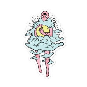 May include: A pink and blue illustration of a person with a single eye holding a yellow sun in their arms. The person is surrounded by clouds and stars.