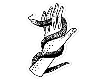 Op de afbeelding: Zwart-witte lijntekening van een hand met een slang eromheen gewikkeld.