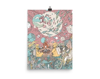 May include: A colorful art print depicting a surreal camping scene with two figures in yellow suits around a campfire. The background features planets, crystals, and a yellow motorcycle, all set against a pink and blue sky.