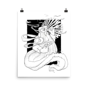 May include: Black and white line art illustration of a bearded figure with a long, flowing beard, holding a telescope and looking through it. The figure is surrounded by swirling lines and shapes, suggesting movement and energy.