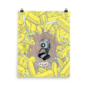 May include: A cartoon robot with a round head and a single eye is surrounded by a pile of yellow sticks. The robot is saying "oh my god."