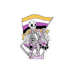 May include: A sticker featuring a white skeleton holding a flag with horizontal yellow, white, and purple stripes. The skeleton is surrounded by a cluster of yellow, white, purple, and black stars, set against a light purple rectangular background.