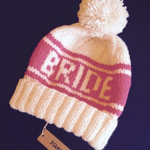 Pink Bride Pom Pom Beanie, Retro Ski Hat for Photo Props, Snowboard Beanie for Winter Wedding, Handknit Hat for Bachelorettes