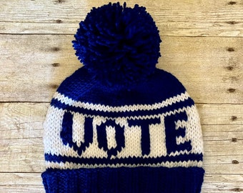 Vote Design Winter Hat, Royal Blue Hand Knit Pom Pom Beanie