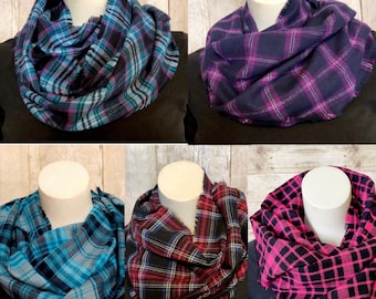 Plaid Flannel Circle Scarf, Fringed Flannel Infinity Scarf, Soft Cotton Flannel Multi Plaid Scarf in Several Patterns