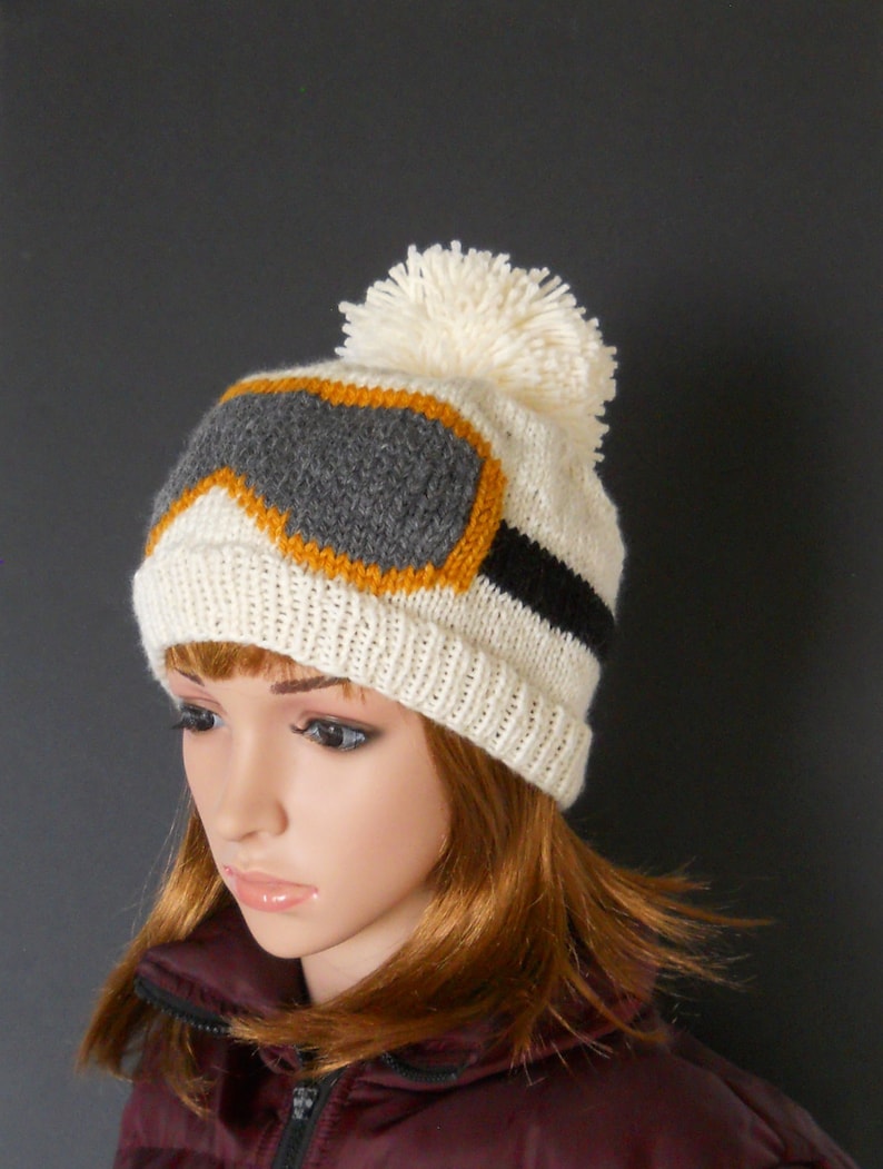 Snowboard Beanie with Ski Goggle Design Ivory Pom Pom Beanie Etsy