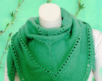 Mint Green Triangle Scarf, Hand Knit Shawl, Dark Mint Green Knit Wrap, Spring Green Knit Bandana Scarf, Light Green Shawl