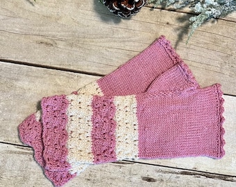 Hand Knit Rose Pink Fingerless Gloves, Fingerless Mitts with Lacy Cuffs in Two Styles