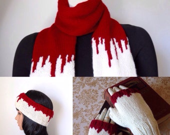 Zombie Apocalypse set, Blood Red en Ivory sjaal, hoofdband en handschoen set, vampier slachtoffer set, Halloween kostuum, zombie kostuum, mens sjaal