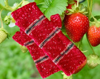 Hand Knit Fruit Striped Fingerless Mitts: Strawberry, Dragonfruit, or Watermelon Arm Warmers