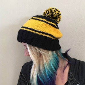 Instant Download Knitting Pattern, Old School Striped Pom Pom Beanie Pattern, Knit Pattern for Retro Styled Winter Hat, Sports Styled Hat